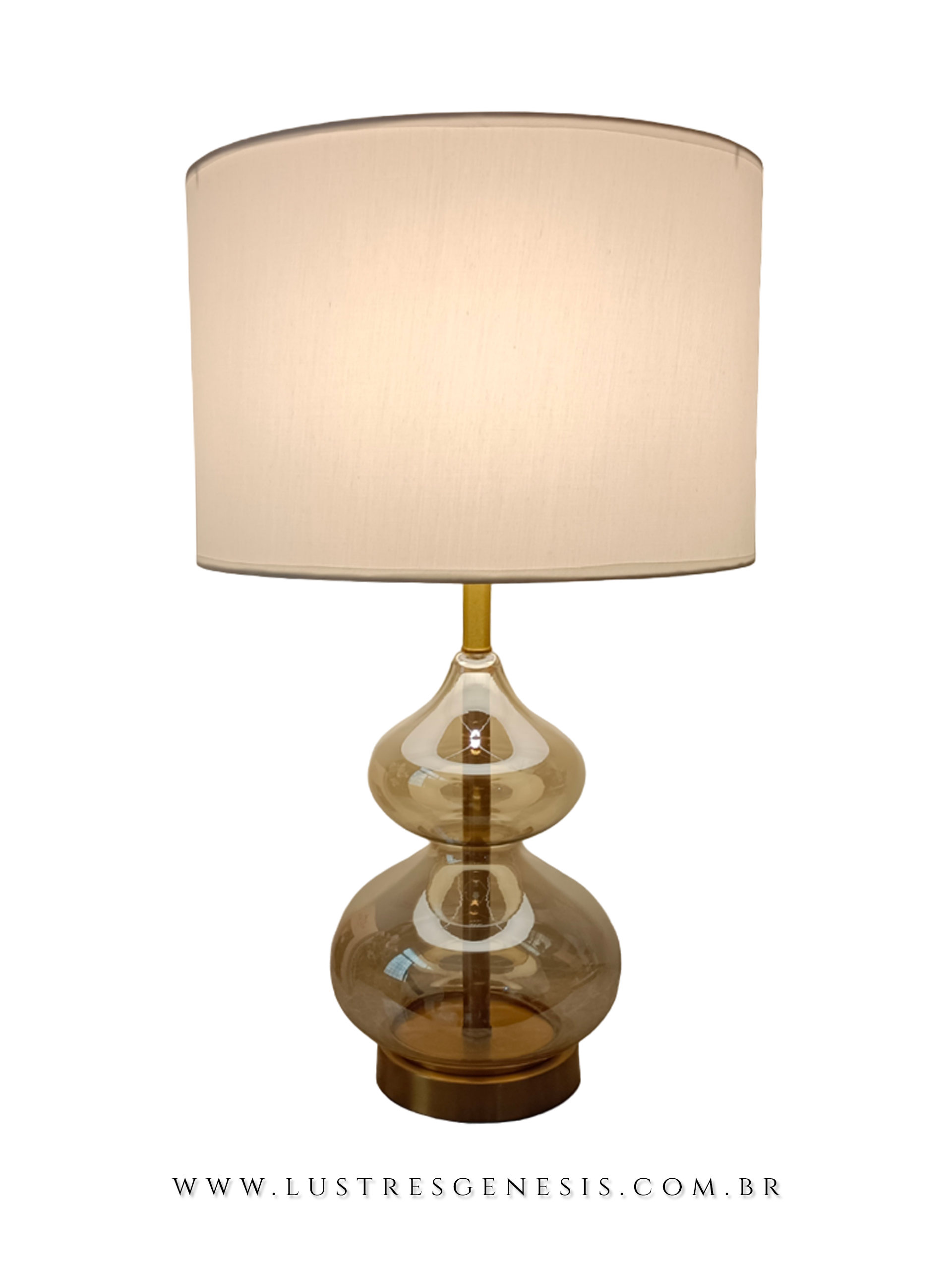 Luminária de mesa abajur Fênico 65cm com cúpula bege e base de vidro âmbar, ideal para salas, quartos e cabeceira de cama.